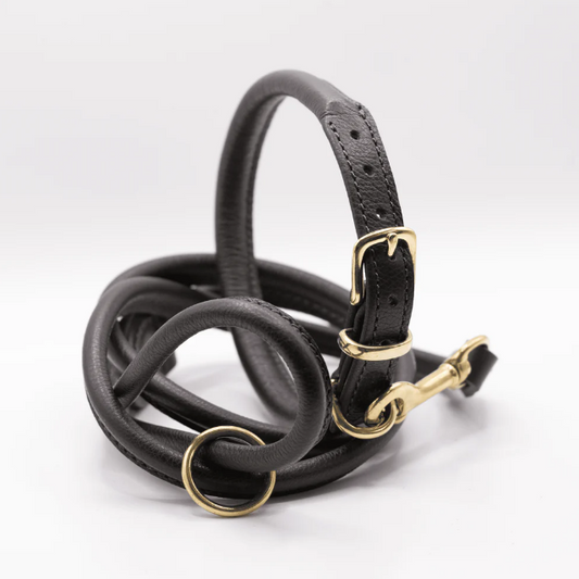 Rolled Soft Leather Dog Collar and Lead Set Brown