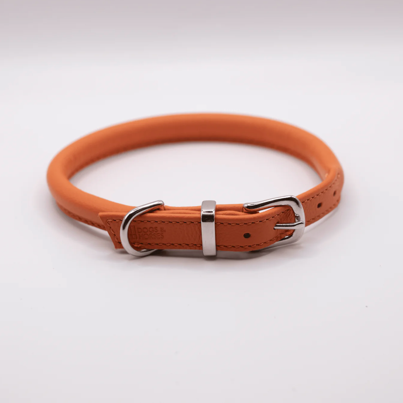 Handmade in Britain rolled soft leather dog collar orange