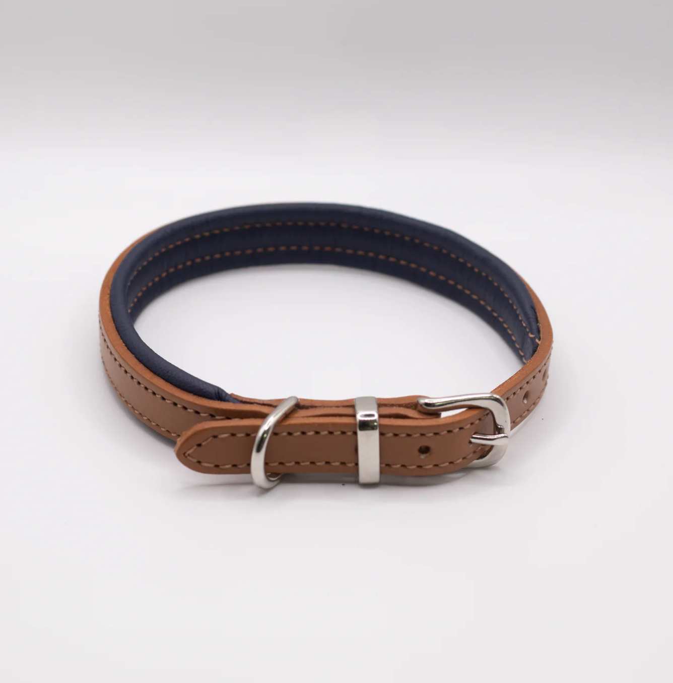 Padded Leather Dog Collar Tan and Navy