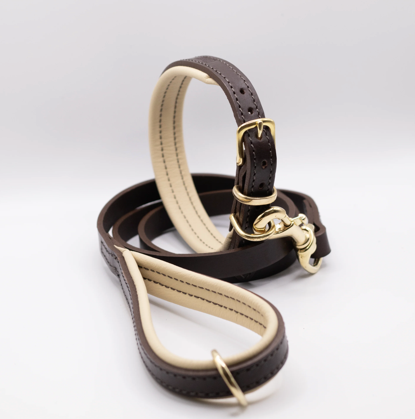 Padded Leather Dog Collar and Lead Set Brown and Cream