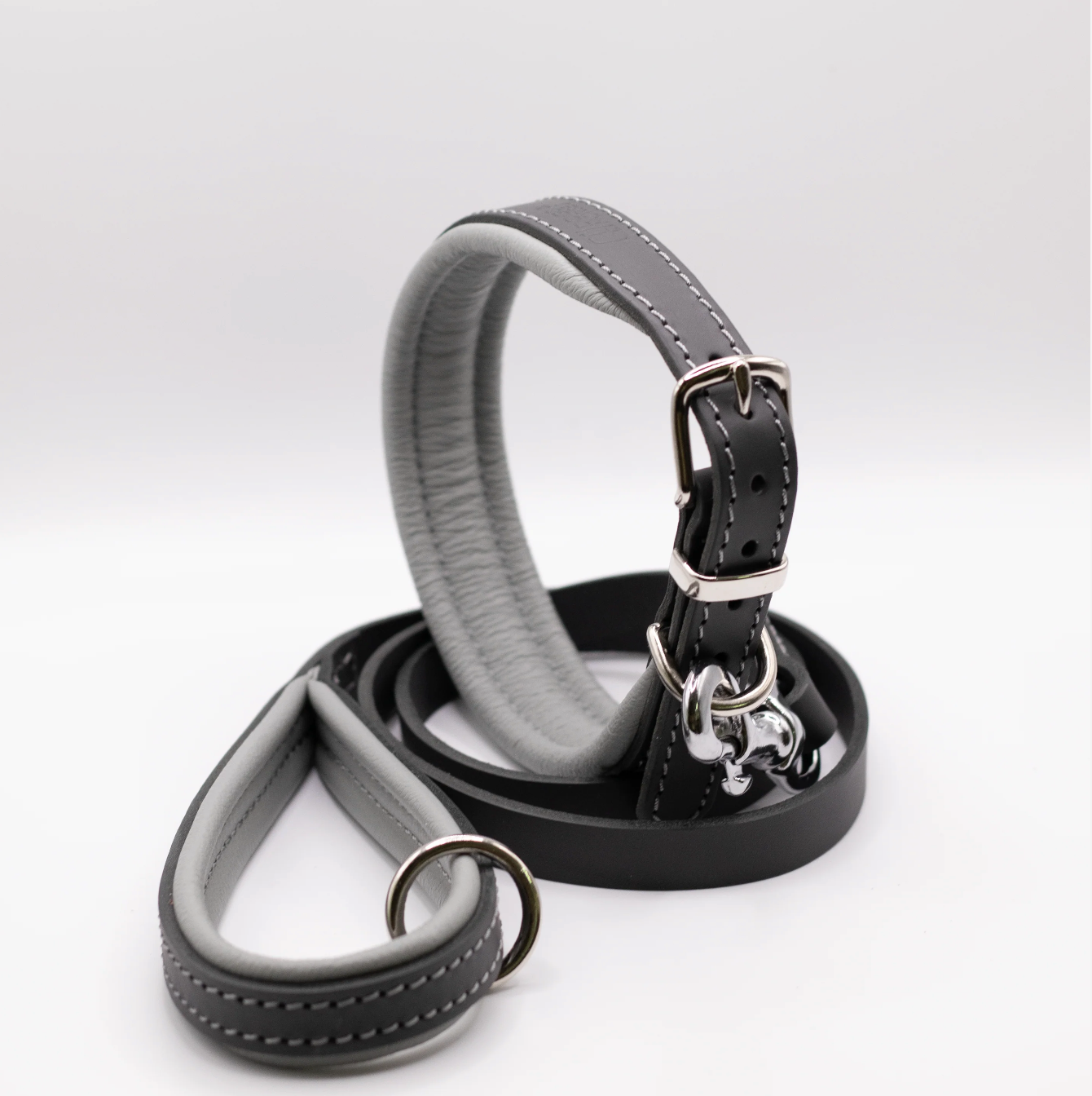 Padded Leather Dog Collar Charcoal and Grey
