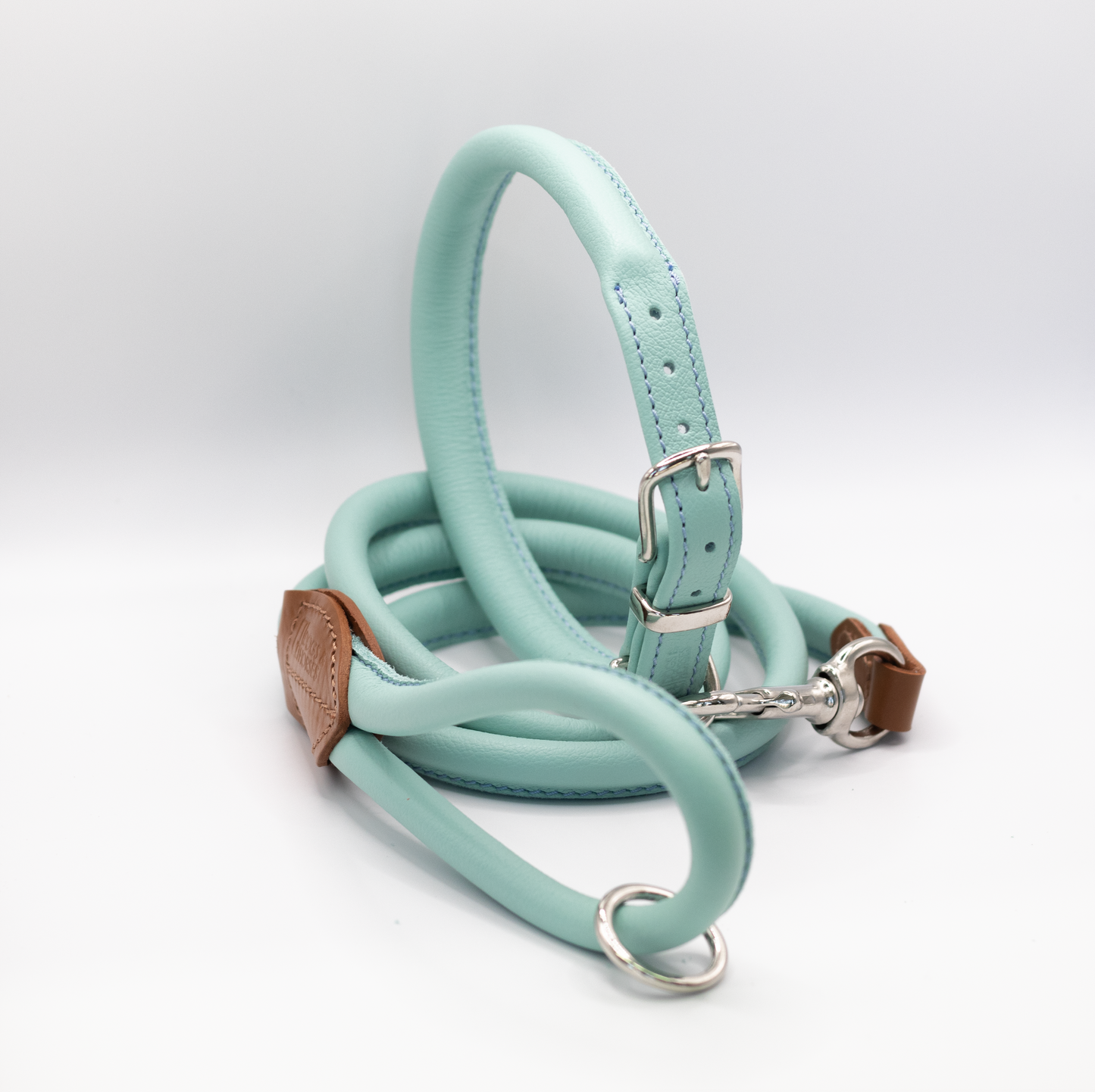 Rolled Soft Leather Dog Collar Aqua