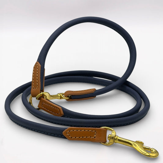 Rolled Soft Leather Long Lead - 165cm | Navy