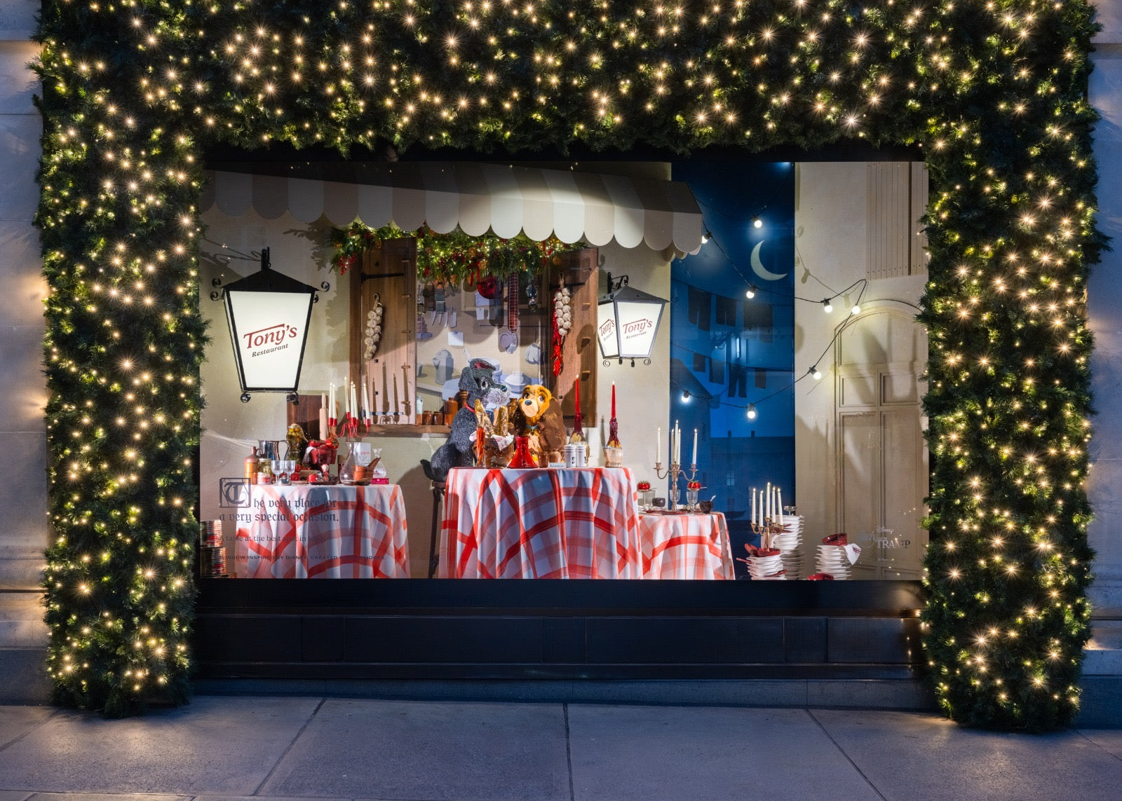 Selfridges London Christmas window featuring Disney's Lady and The Tramp wearing D&H rolled leather collars