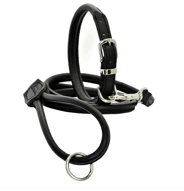 Rolled Soft Leather Dog Collar and Lead Set Black