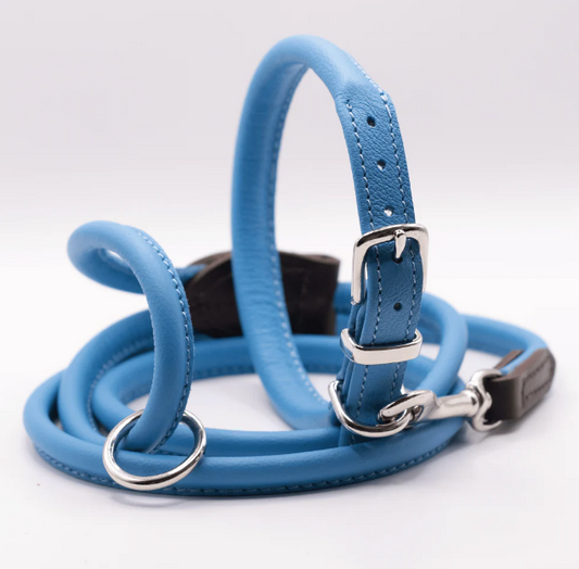 Rolled Soft Leather Dog Collar and Lead Set Blue