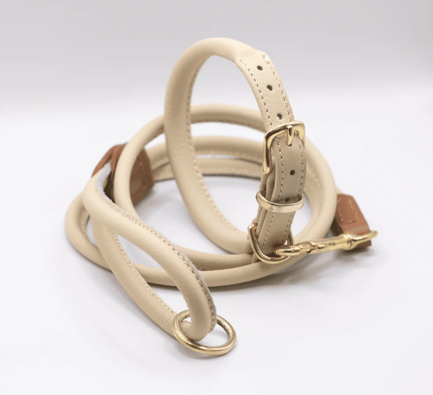 Rolled Soft Leather Dog Collar and Lead Set Cream
