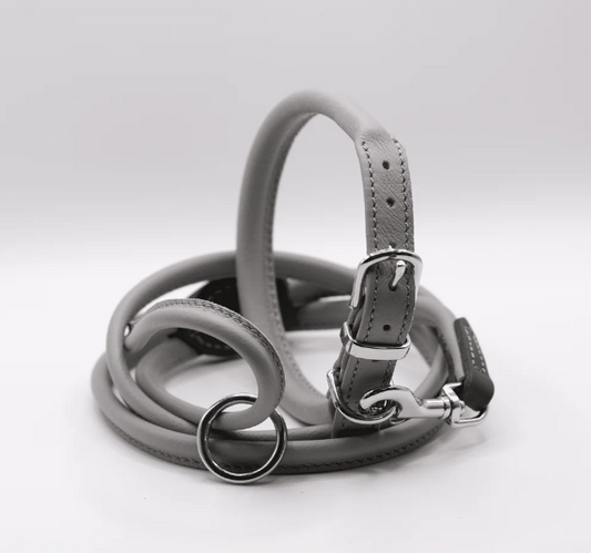 Rolled Soft Leather Dog Collar and Lead Set Grey