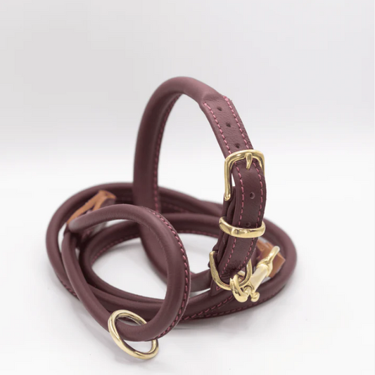 Rolled Soft Leather Dog Collar and Lead Set Merlot (Burgundy)