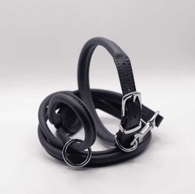 Rolled Soft Leather Dog Collar and Lead Set Navy