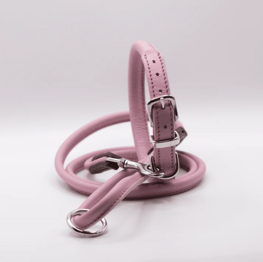 Rolled Soft Leather Dog Collar and Lead Set Pink