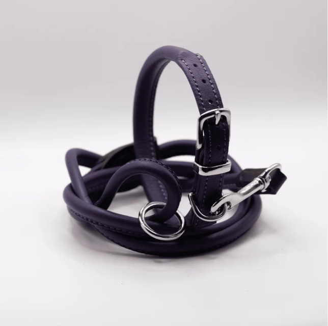 Rolled Soft Leather Dog Collar and Lead Set Purple