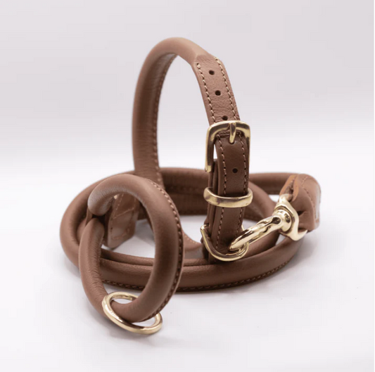 Rolled Soft Leather Dog Collar and Lead Set Tan