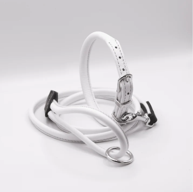 Rolled Soft Leather Dog Collar and Lead Set White