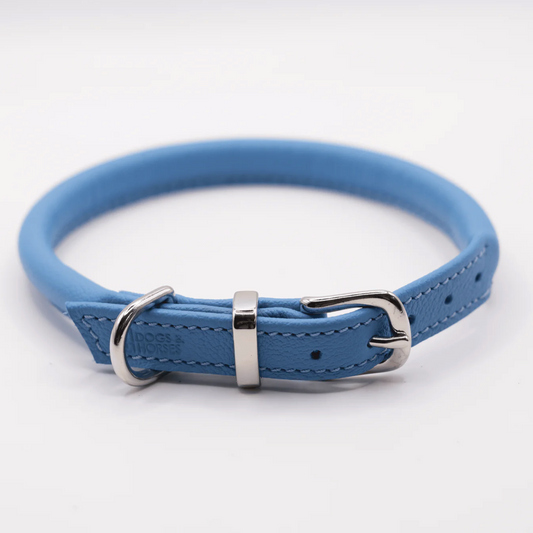Rolled Soft Leather Dog Collar Blue