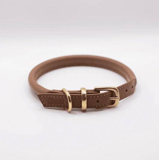 Rolled Soft Leather Dog Collar Tan