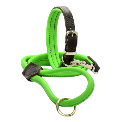 Padded Leather Dog Collar and Rolled Lead Set Green