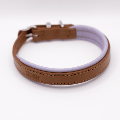 Padded Leather Dog Collar Tan and Lilac