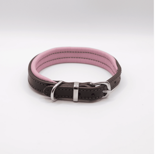 Padded Leather Dog Collar Brown and Pink