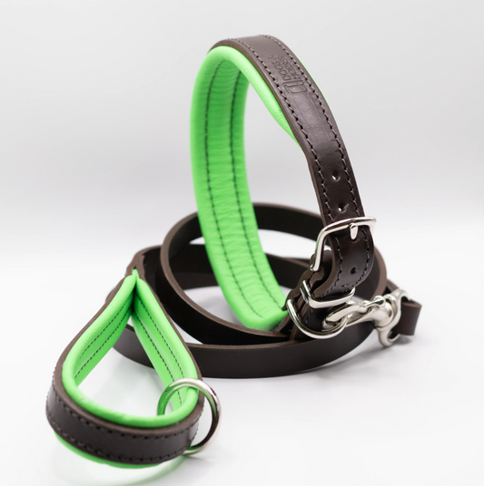Padded Leather Dog Collar and Lead Set Brown and Green