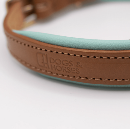 Padded Leather Dog Collar Tan and Aqua