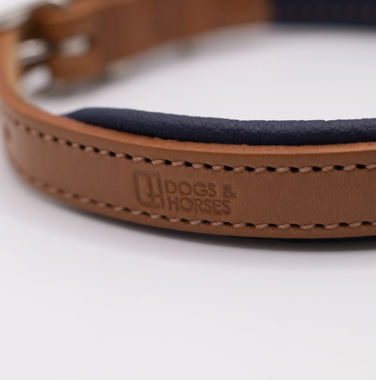 Padded Leather Dog Collar Tan and Navy