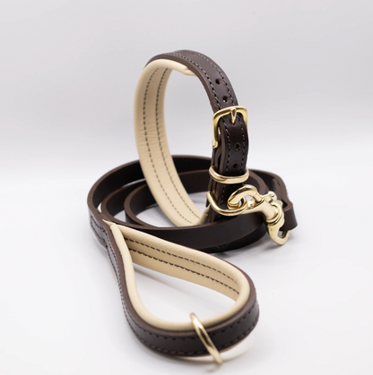 Padded Leather Dog Collar Brown and Cream