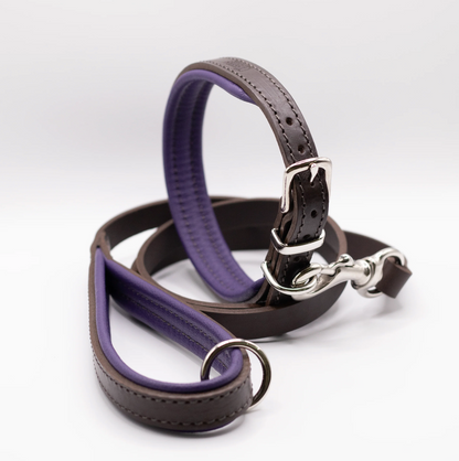 Padded Leather Dog Collar and Lead Set Brown and Purple