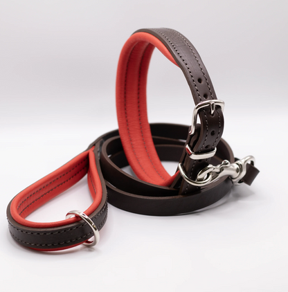 Padded Leather Dog Collar and Lead Set Red