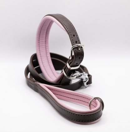 Padded Leather Dog Collar and Lead Set Brown and Pink