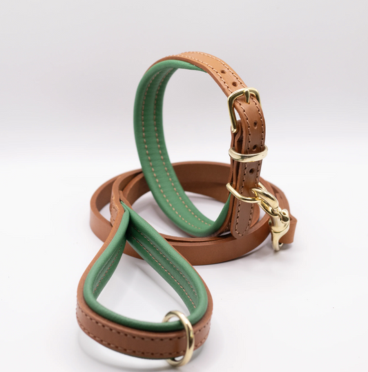 Padded Leather Dog Collar and Lead Set Clover