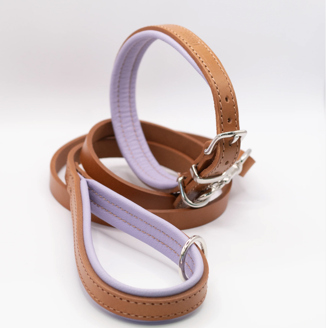 Padded Leather Dog Collar and Lead Set Tan and Lilac