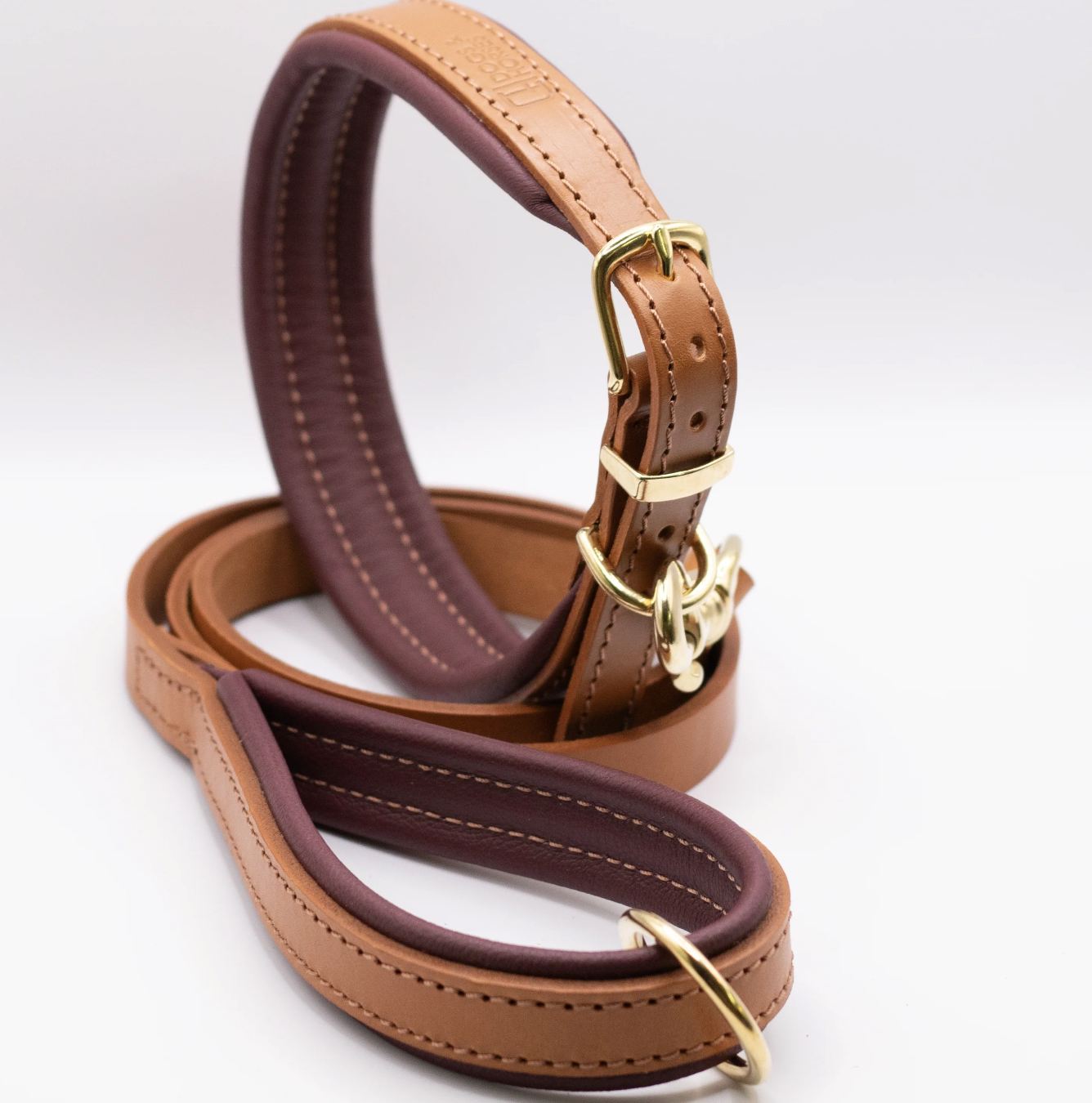 Padded Leather Dog Collar and Lead Set Tan and Merlot