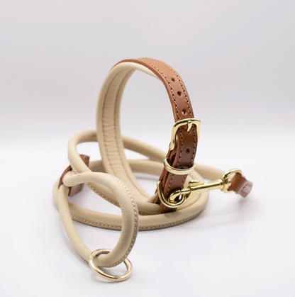 Padded Leather Dog Collar Tan and Cream