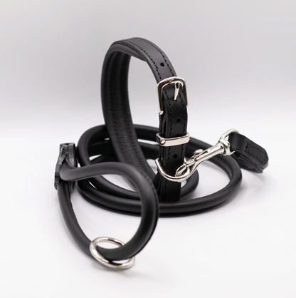 Padded Leather Dog Collar and Rolled Lead Set Black