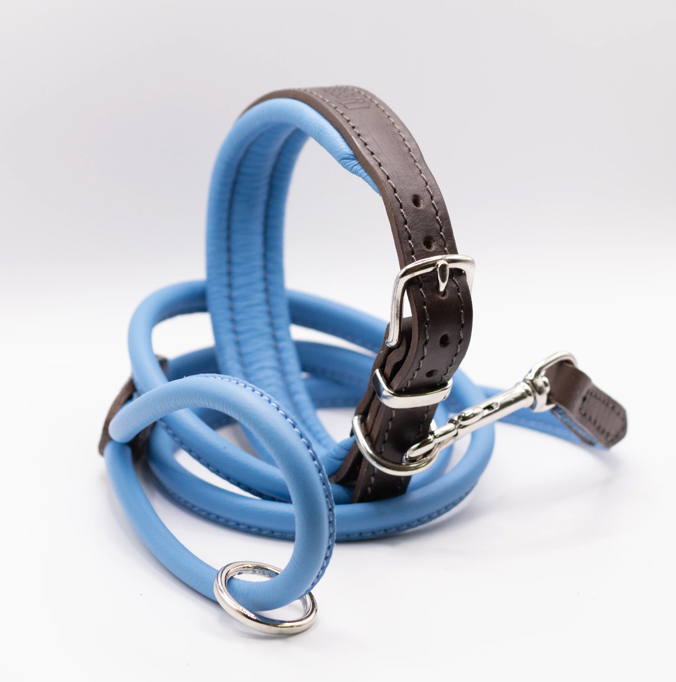 Padded Leather Dog Collar and Rolled Lead Set Blue