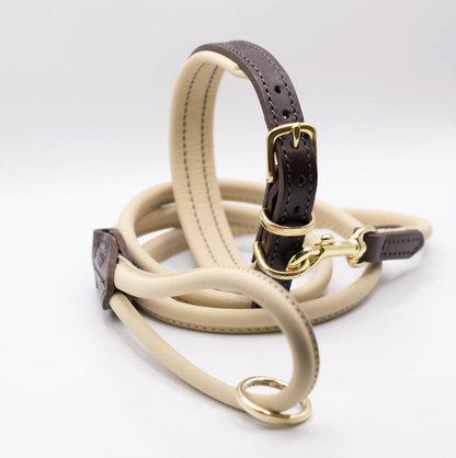 Padded Leather Dog Collar and Rolled Lead Set Brown and Cream