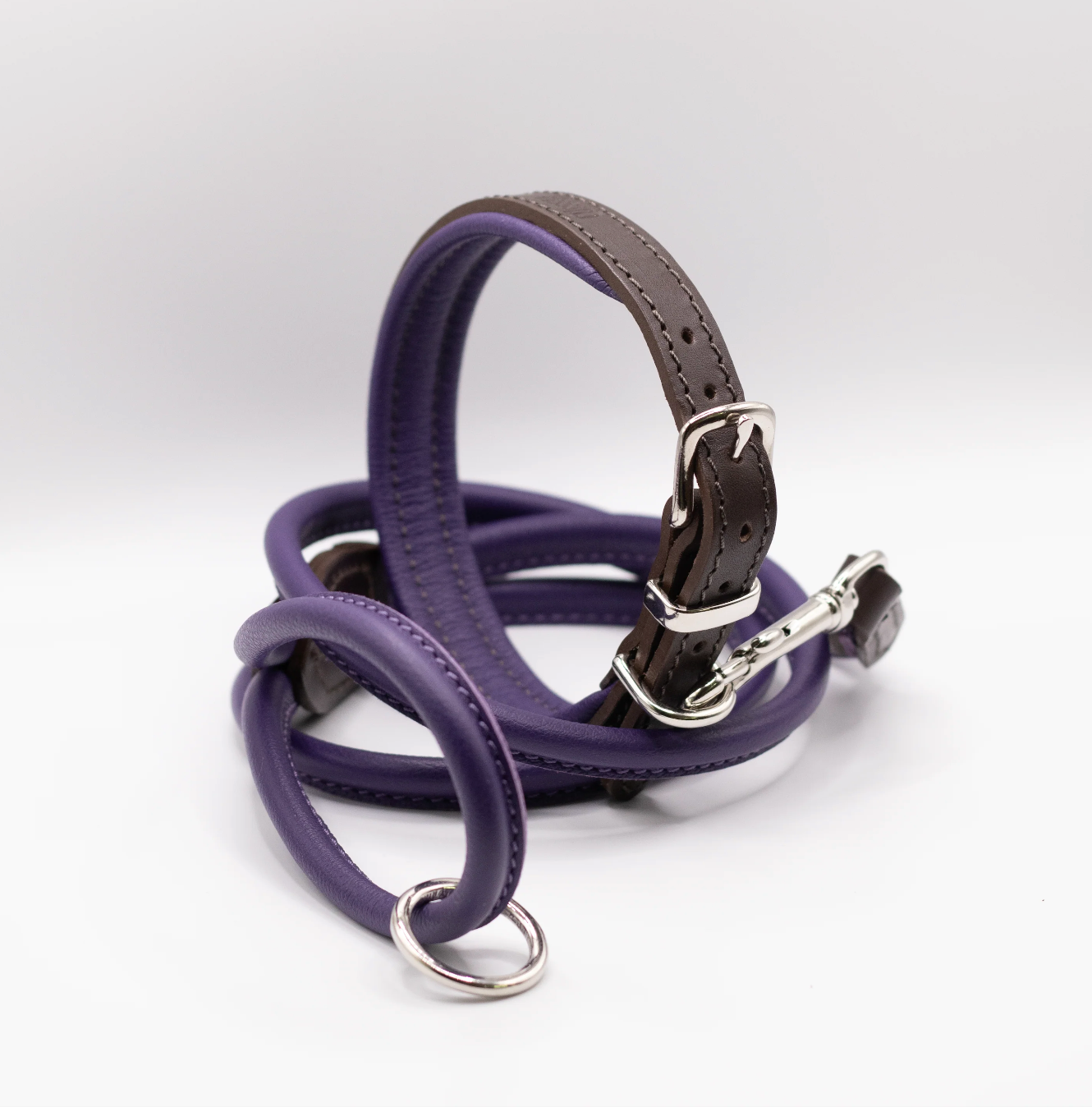 Padded Leather Dog Collar and Rolled Lead Set Purple