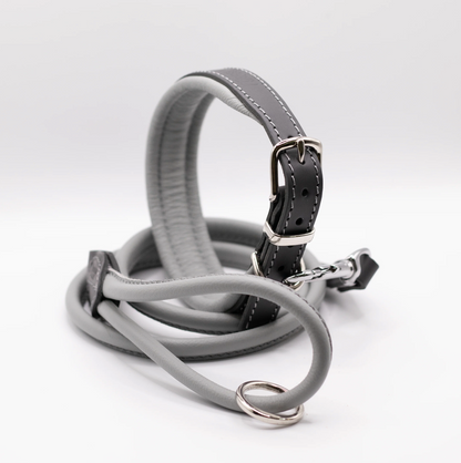 Padded Leather Dog Collar Charcoal and Grey