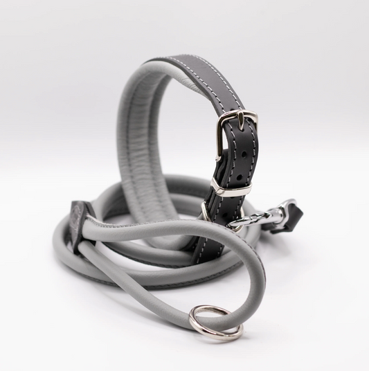 Padded Leather Dog Collar and Rolled Lead Set Grey