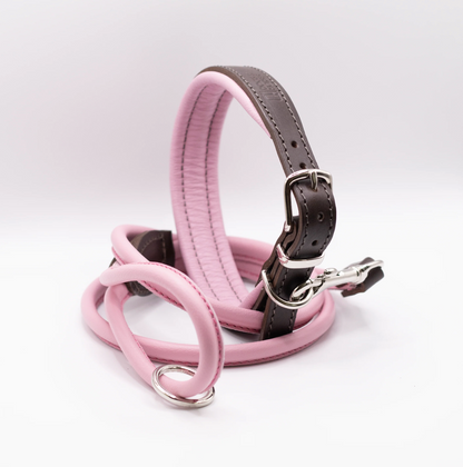 Padded Leather Dog Collar and Rolled Lead Set Pink