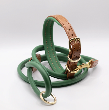 Padded Leather Dog Collar and Rolled Lead Set Clover