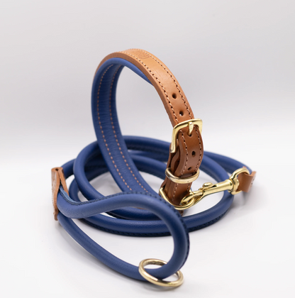 Padded Leather Dog Collar and Rolled Lead Set Electric Blue