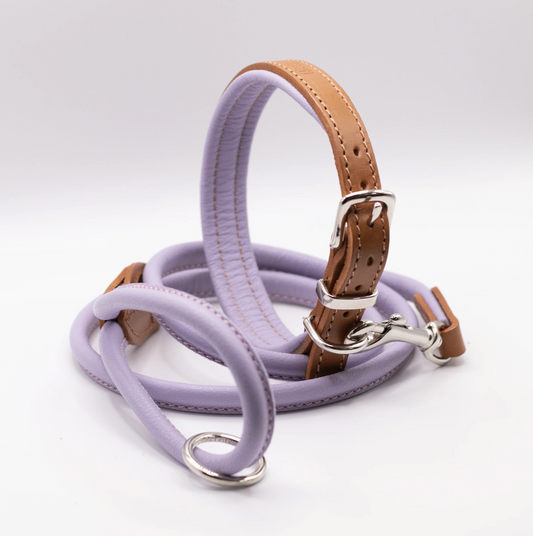 Padded Leather Dog Collar and Rolled Lead Set Lilac