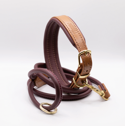 Padded Leather Dog Collar and Rolled Lead Set Merlot