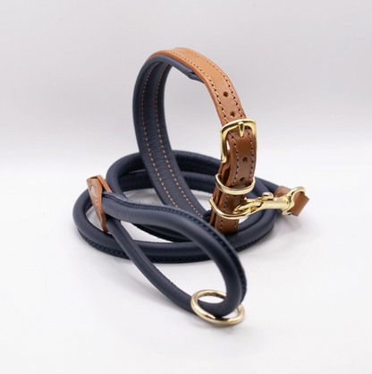 Padded Leather Dog Collar Tan and Navy
