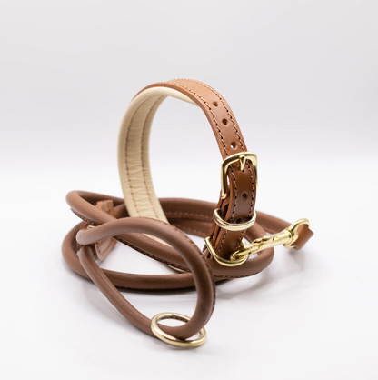 Padded Leather Dog Collar Tan and Cream