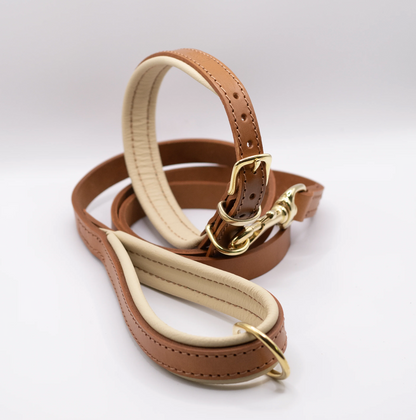 Padded Leather Dog Collar and Lead Set Tan and Cream