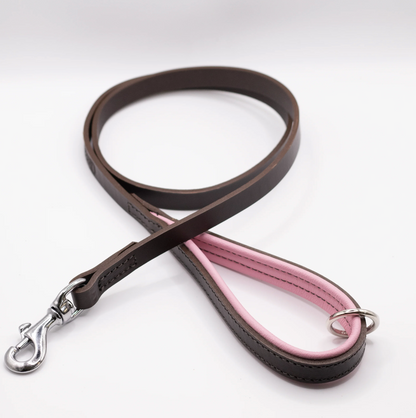 Padded Leather Dog Lead Brown and Pink