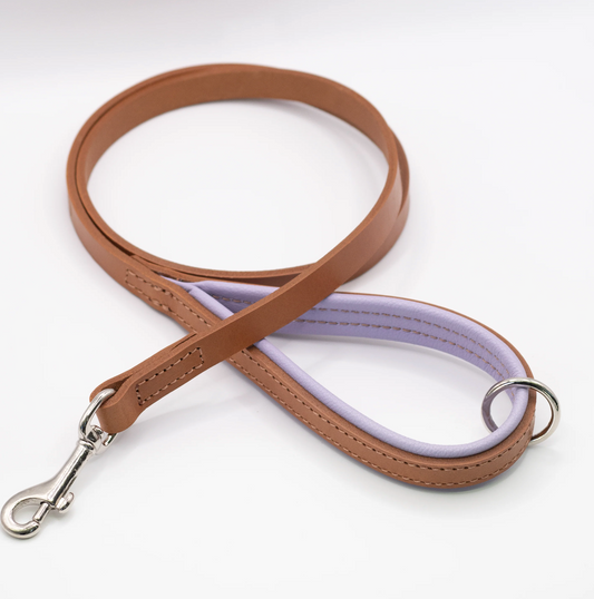 Padded Leather Dog Lead Tan and Lilac